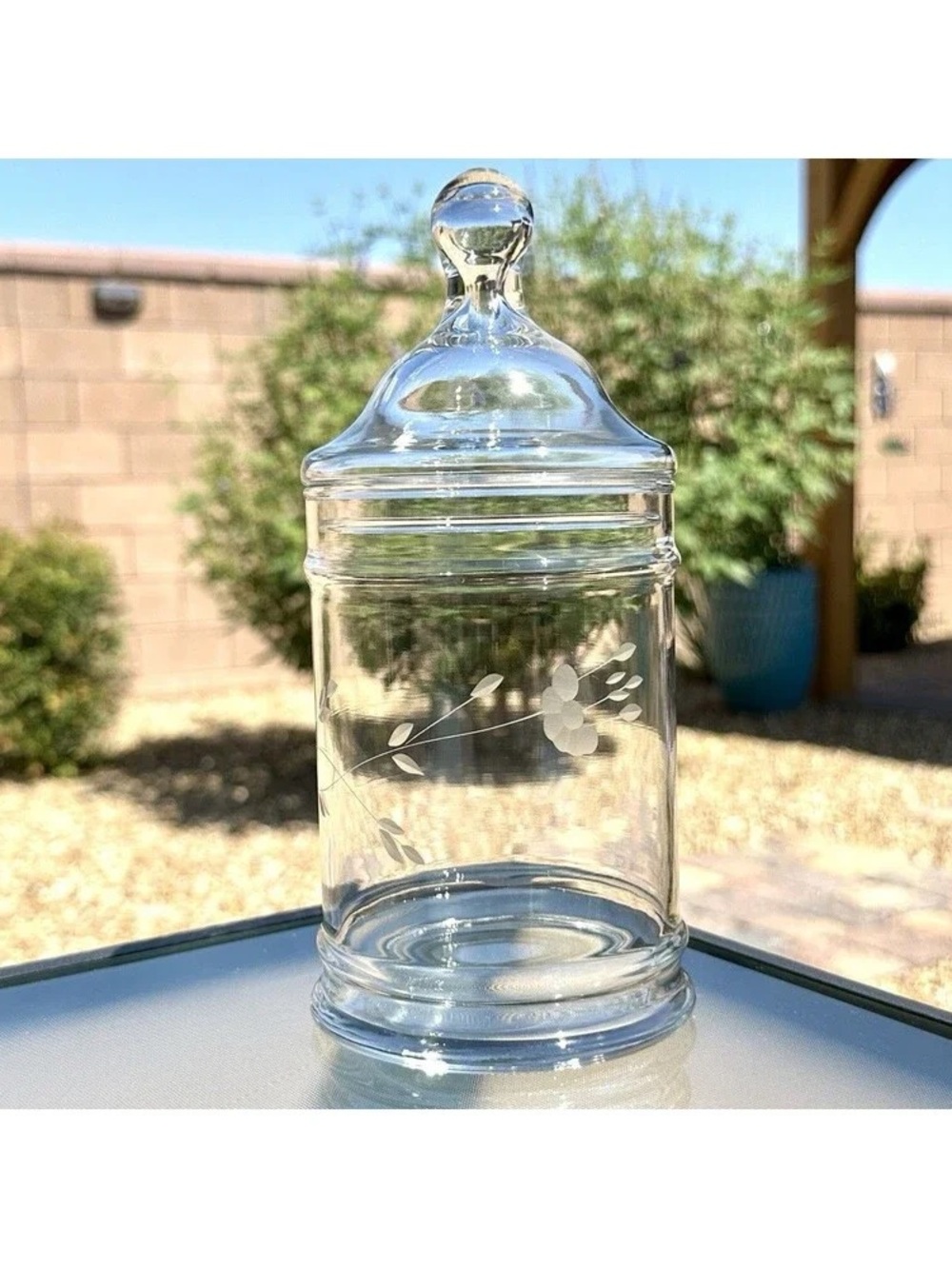 Princess House Clear Glass Apothecary Jar with Etched Floral Motif